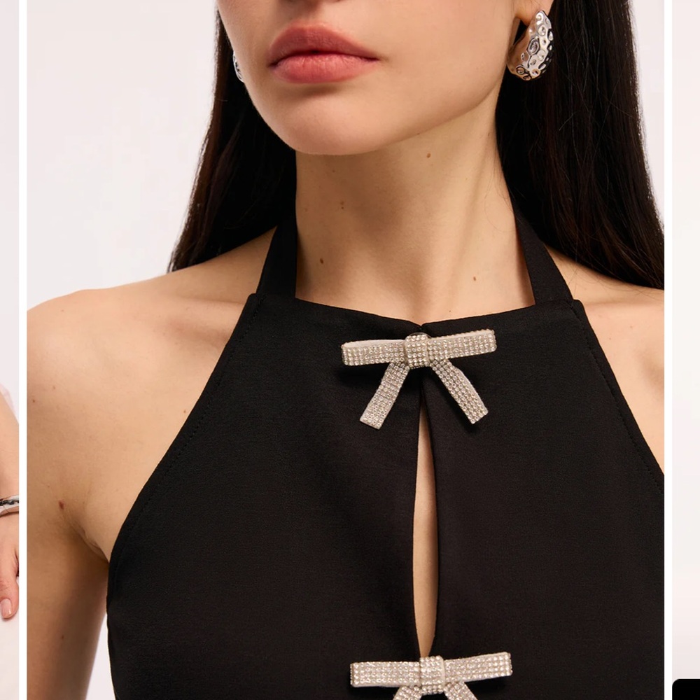 NWOT Black Halter Top Rhinestone Bow Detail Keyhole Going Out Top Size [S/M/L] - Picture 3 of 9